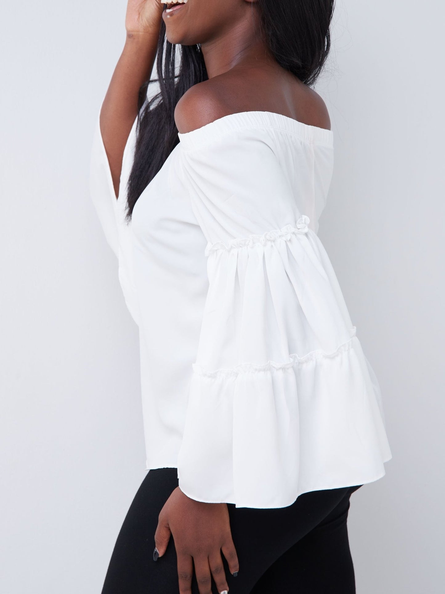 Vivo Malindi Off Shoulder Tiered Sleeve Top - White