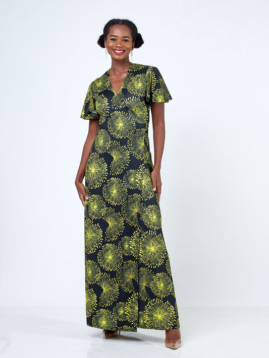 Vivo Ruwa Flounce Sleeve Wrap Maxi Dress - Black / Yellow Abstract Print
