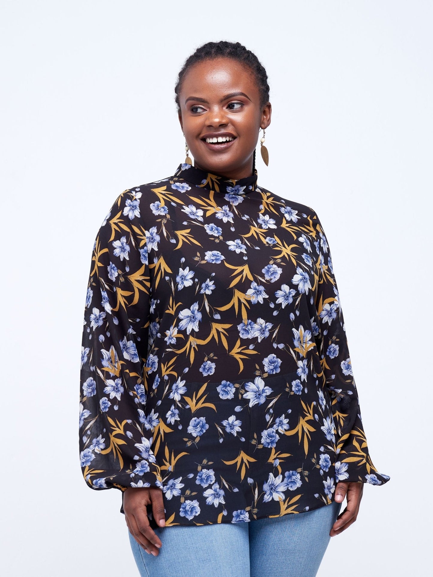 Vivo Tana Mock Neck Bishop Sleeve Top - Black Floral Print