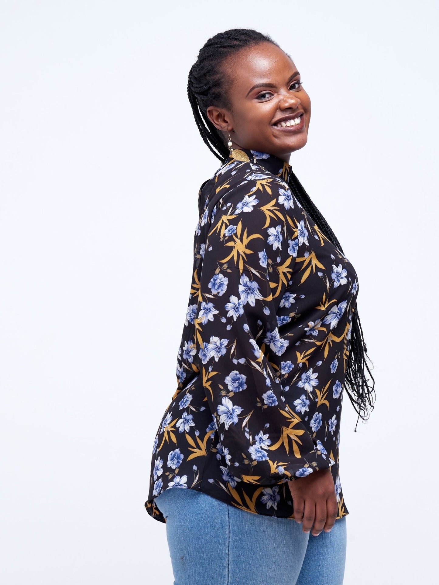 Vivo Tana Mock Neck Bishop Sleeve Top - Black Floral Print