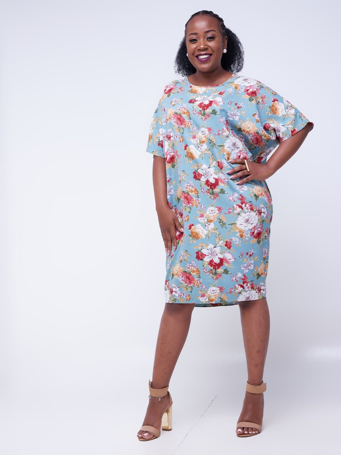 Vivo Thando Dolman Knee Length Dress - Blue Floral Print