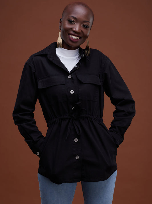 Safari Drawstring Shacket 'Tests'- Black