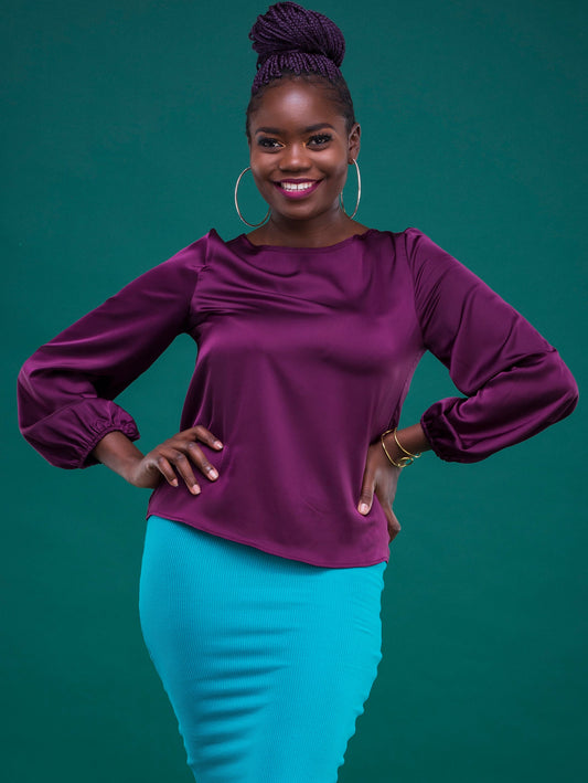 Vivo Basic Satin Bishop Sleeved Top - Purple