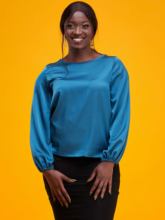Vivo Basic Satin Bishop Sleeved Top - Teal