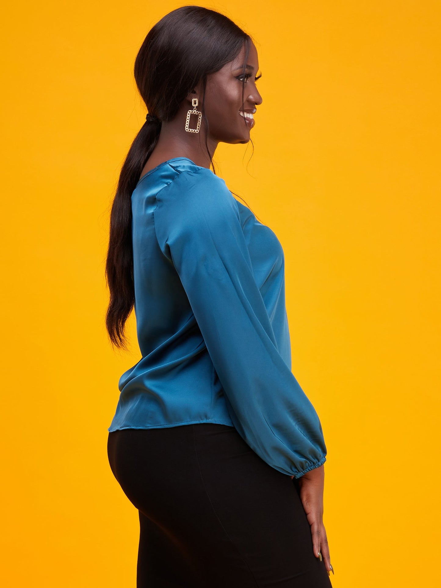 Vivo Basic Satin Bishop Sleeved Top - Teal