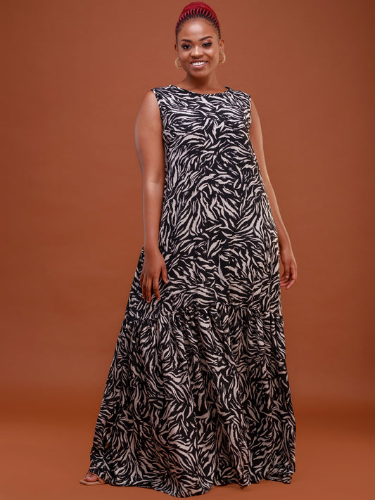 Safari Ayana Sleeveless Maxi Dress - Black / Taupe Print