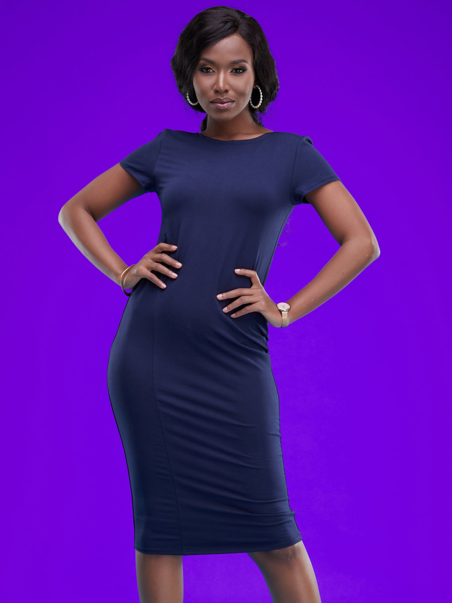 Vivo Zuri Cap Sleeved Bodycon Dress - Navy Blue