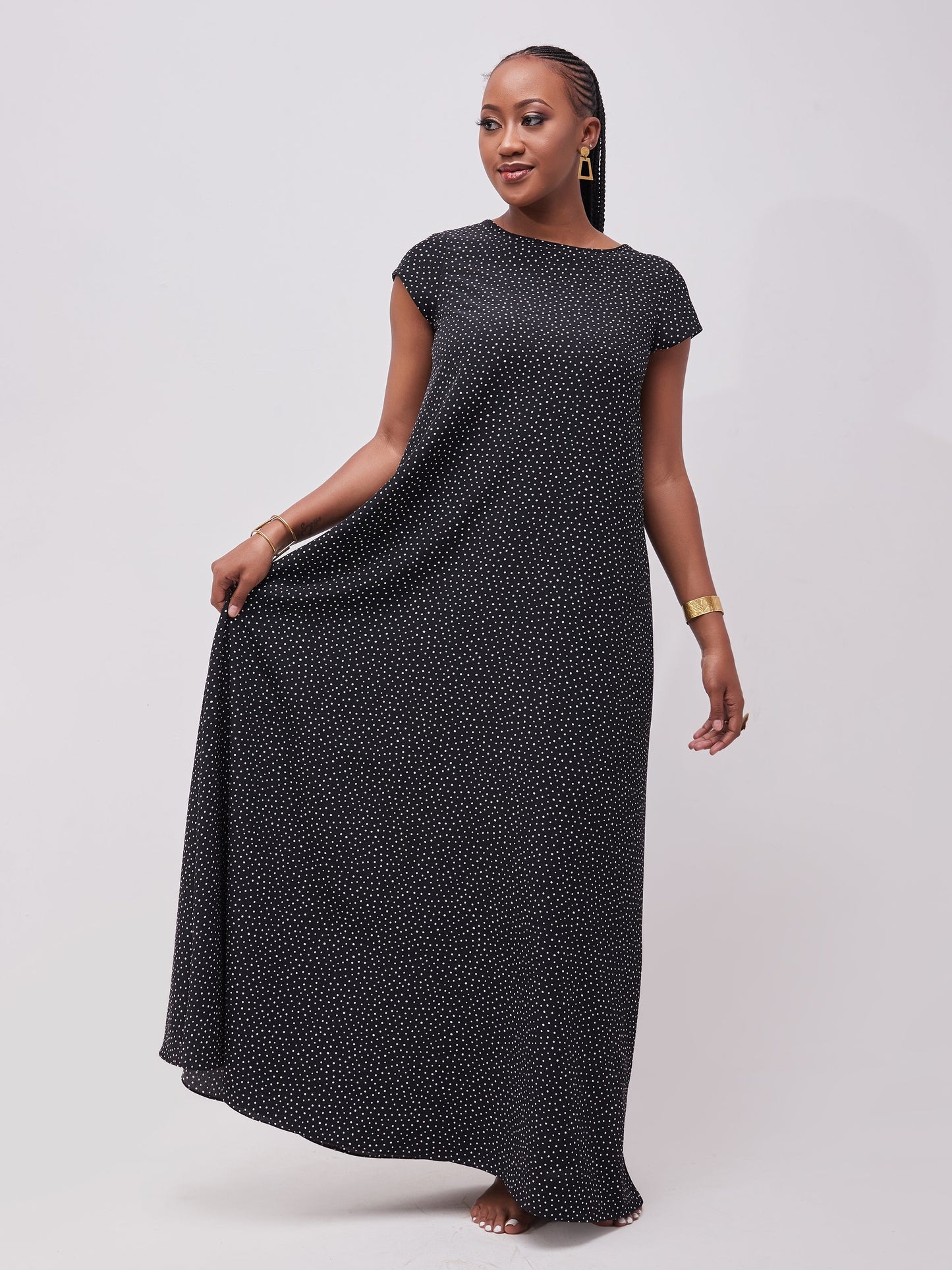 Vivo Basic Cap Sleeved Tent Maxi Dress - Black / White Polka Print