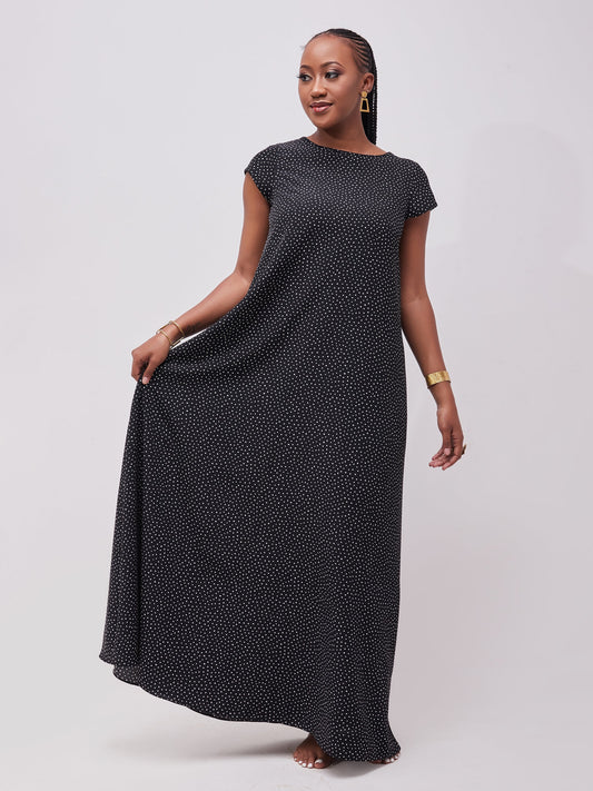 Vivo Basic Cap Sleeved Tent Maxi Dress - Black / White Polka Print