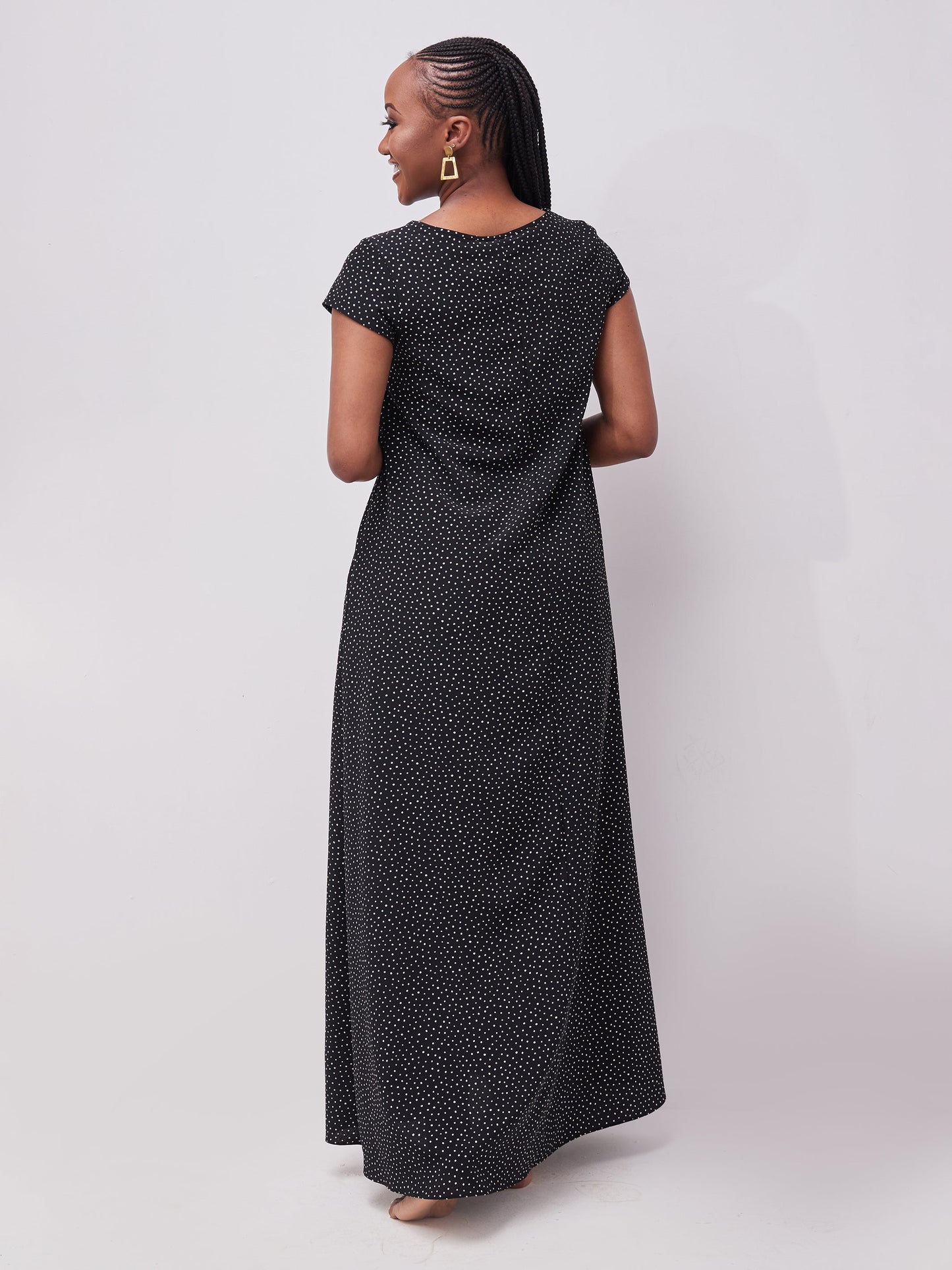 Vivo Basic Cap Sleeved Tent Maxi Dress - Black / White Polka Print