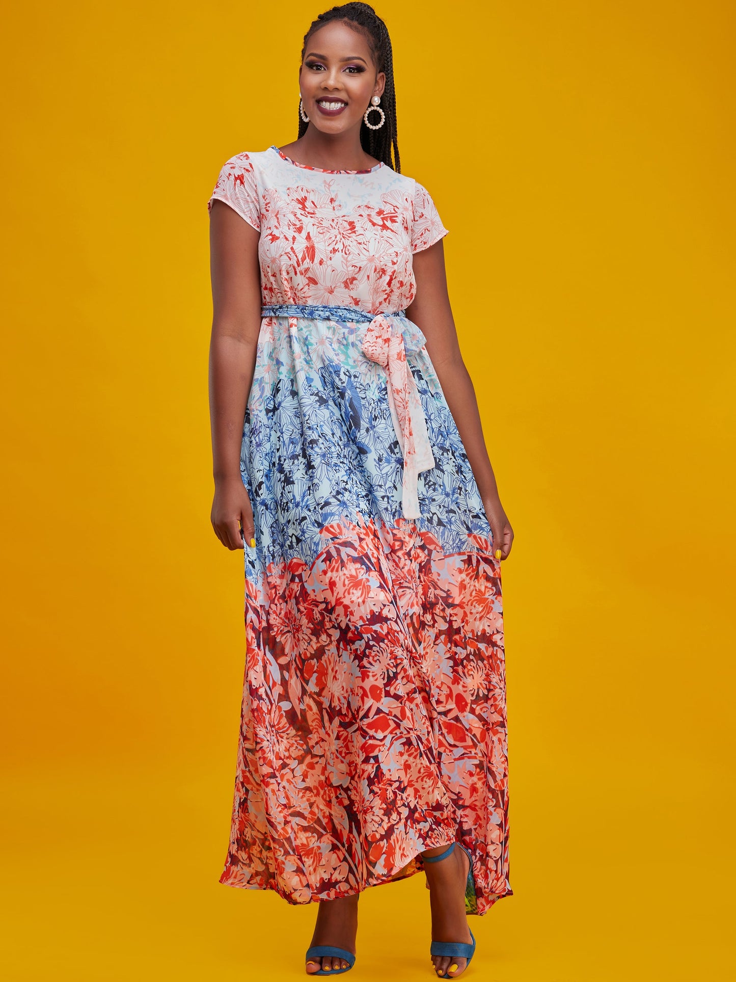 Vivo Basic Cap Sleeved Tent Maxi Dress - Blue / Pink Print