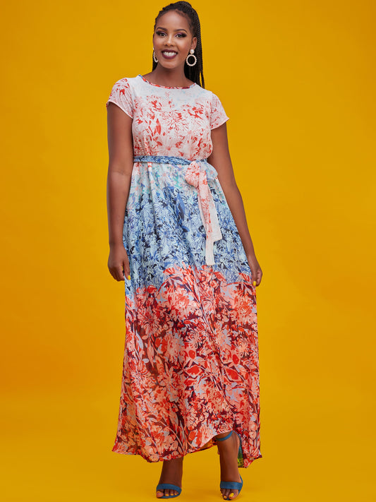 Vivo Basic Cap Sleeved Tent Maxi Dress - Blue / Pink Print