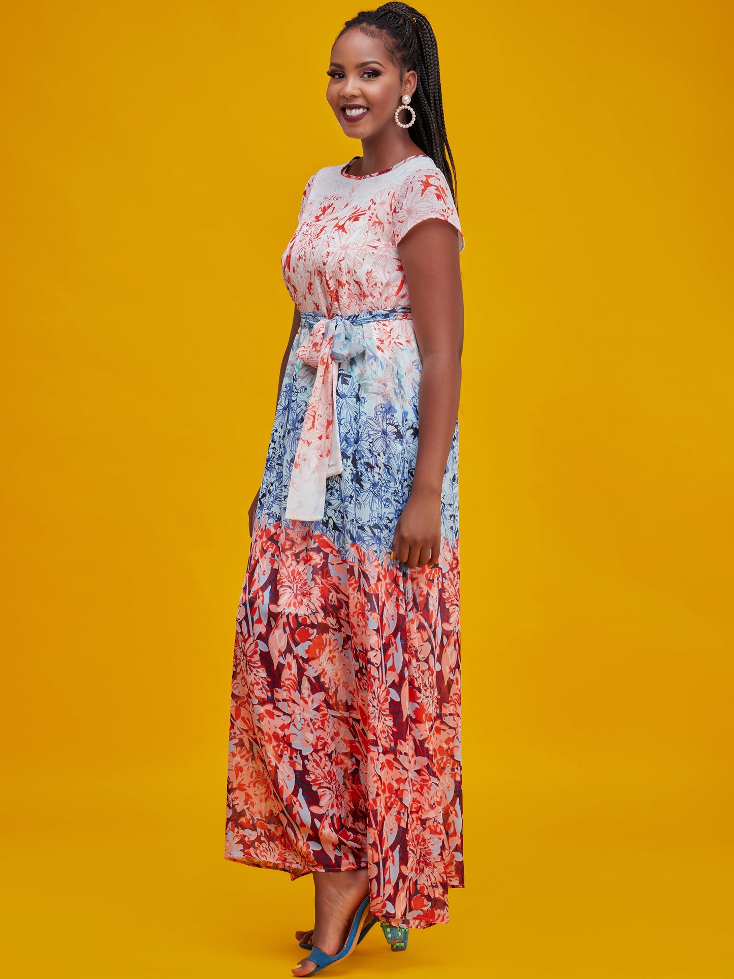 Vivo Basic Cap Sleeved Tent Maxi Dress - Blue / Pink Print