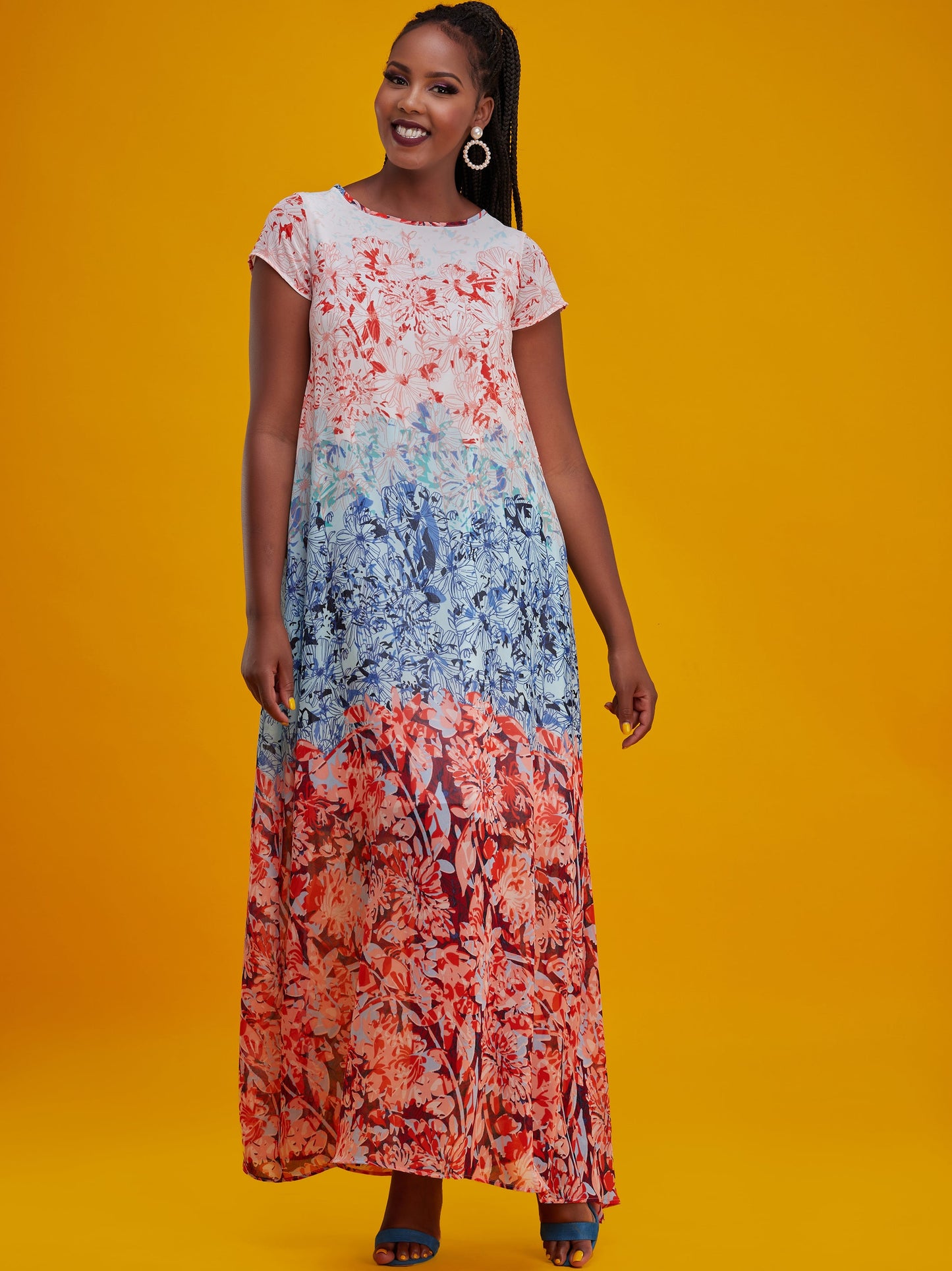 Vivo Basic Cap Sleeved Tent Maxi Dress - Blue / Pink Print