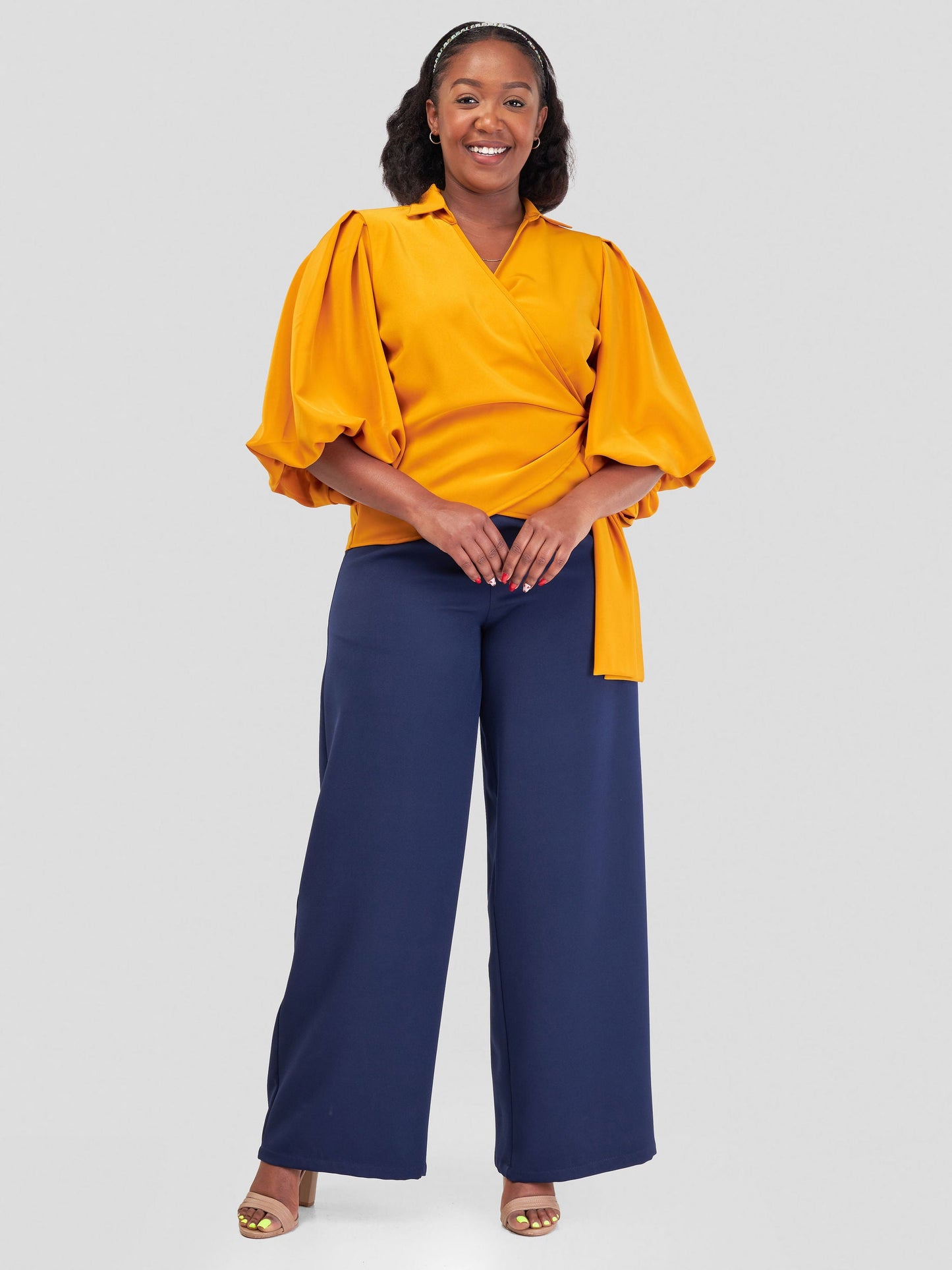 Vivo Zaria Bishop Sleeve Tie Top - Mustard