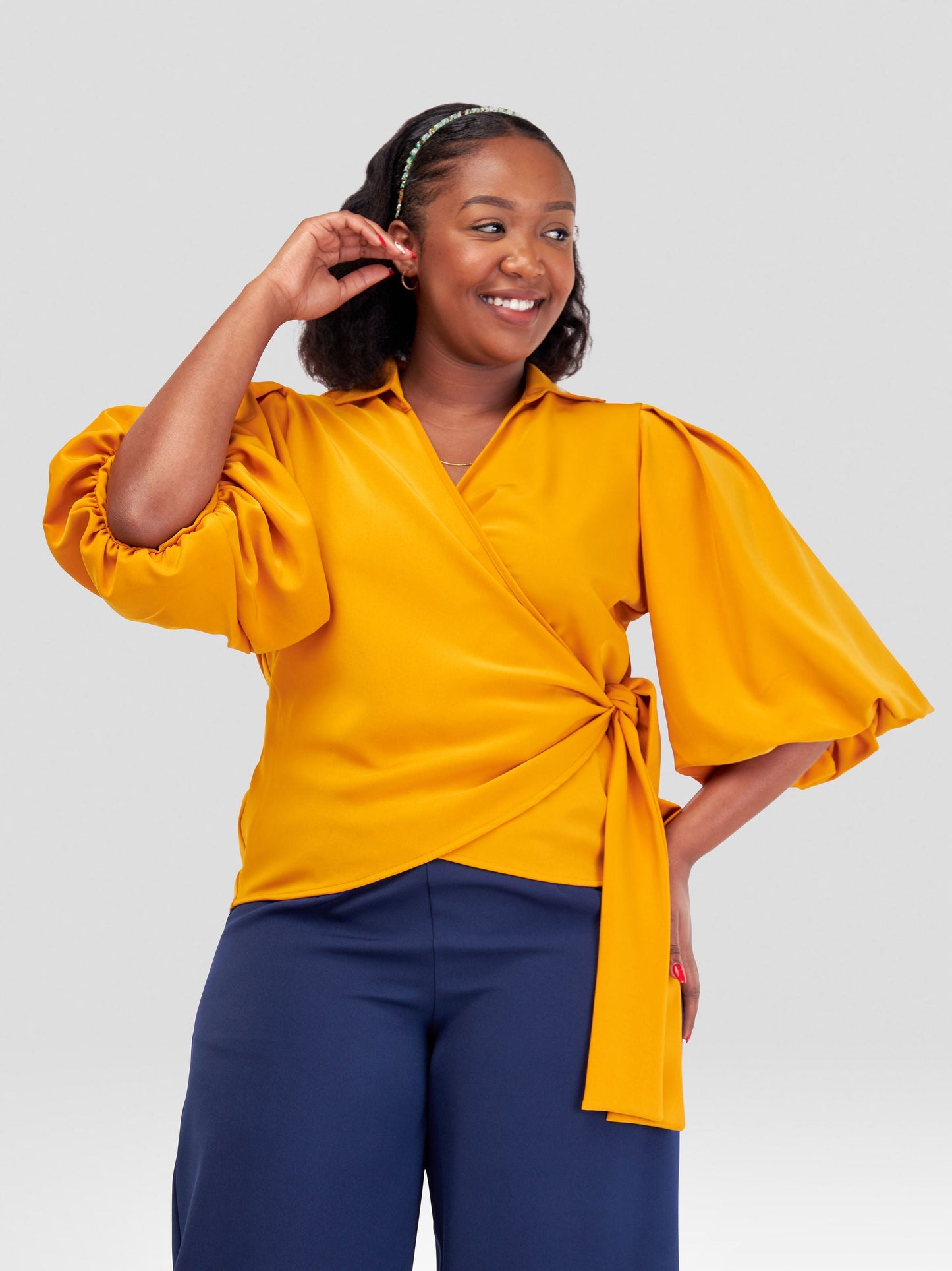 Vivo Zaria Bishop Sleeve Tie Top - Mustard
