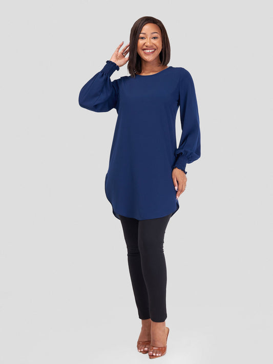 Vivo Basic Shirred Sleeve Dress Top - Navy Blue