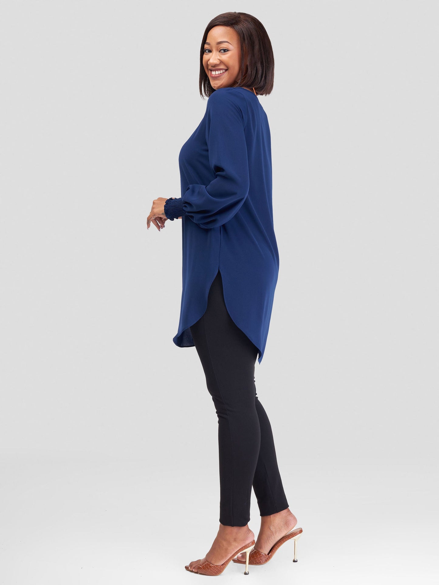 Vivo Basic Shirred Sleeve Dress Top - Navy Blue