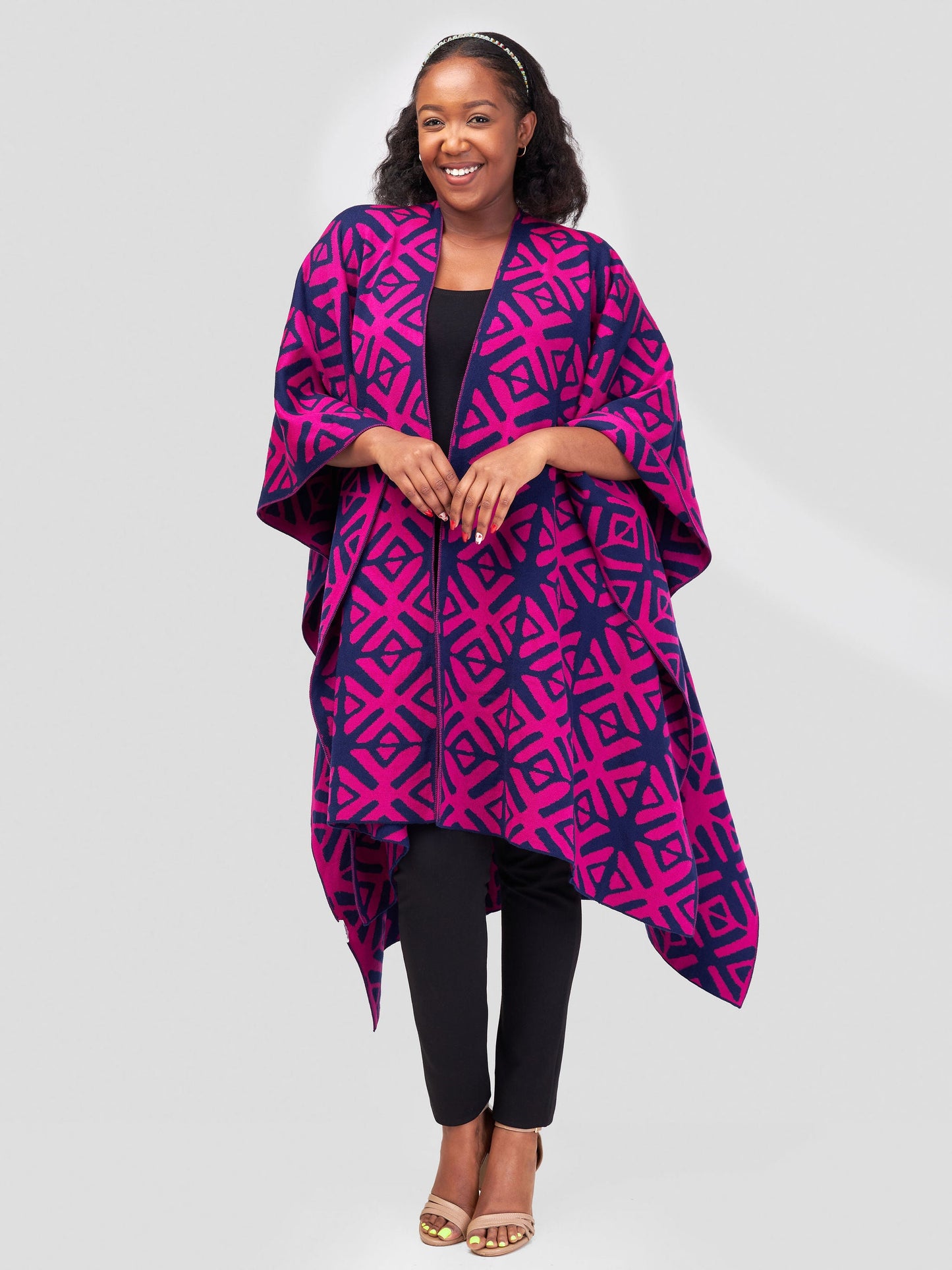 Vivo Reversible Poncho without Fringes- Light Navy Blue / Dark Pink Heshi Print