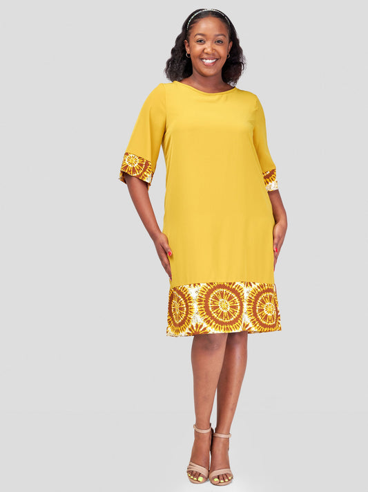 Vivo Zuri A-Line Dress - Mustard + Mustard / Brown Abstract Print