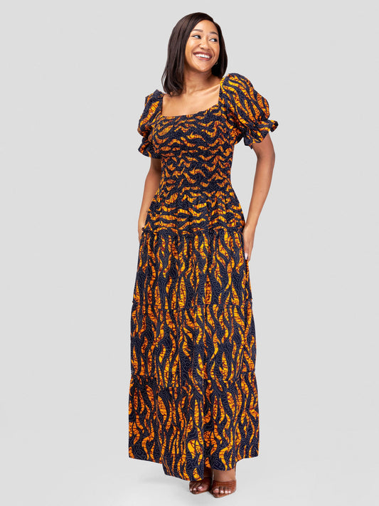 Safari Nimali Bustier Maxi Dress - Mustard / Black Ankara Print