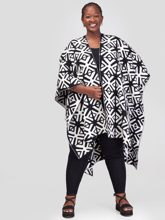 Vivo Reversible Poncho without Fringes- Black / Off White Heshi Print
