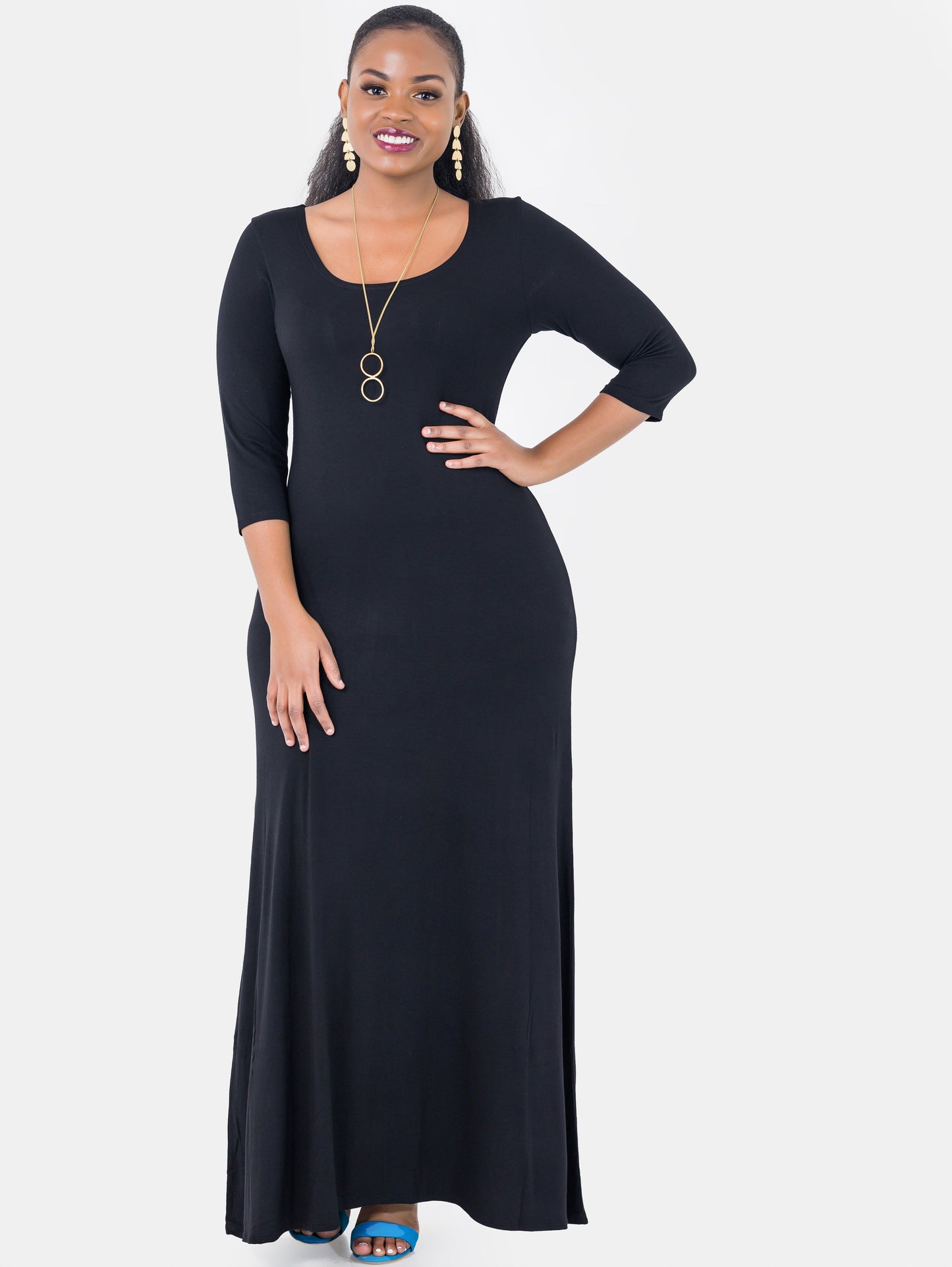 Vivo Basic 3/4 Sleeve A-Line Maxi Dress - Black