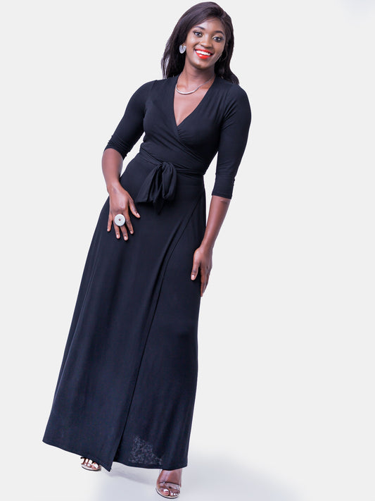 Vivo Basic 3/4 Sleeve A-Line Wrap Maxi Dress - Black