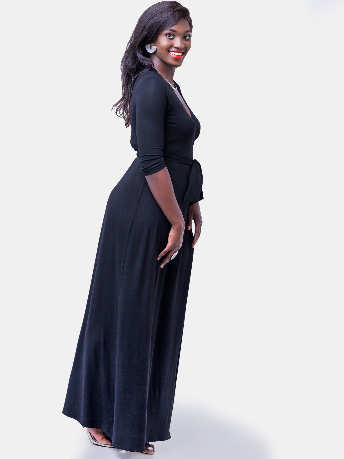 Vivo Basic 3/4 Sleeve A-Line Wrap Maxi Dress - Black
