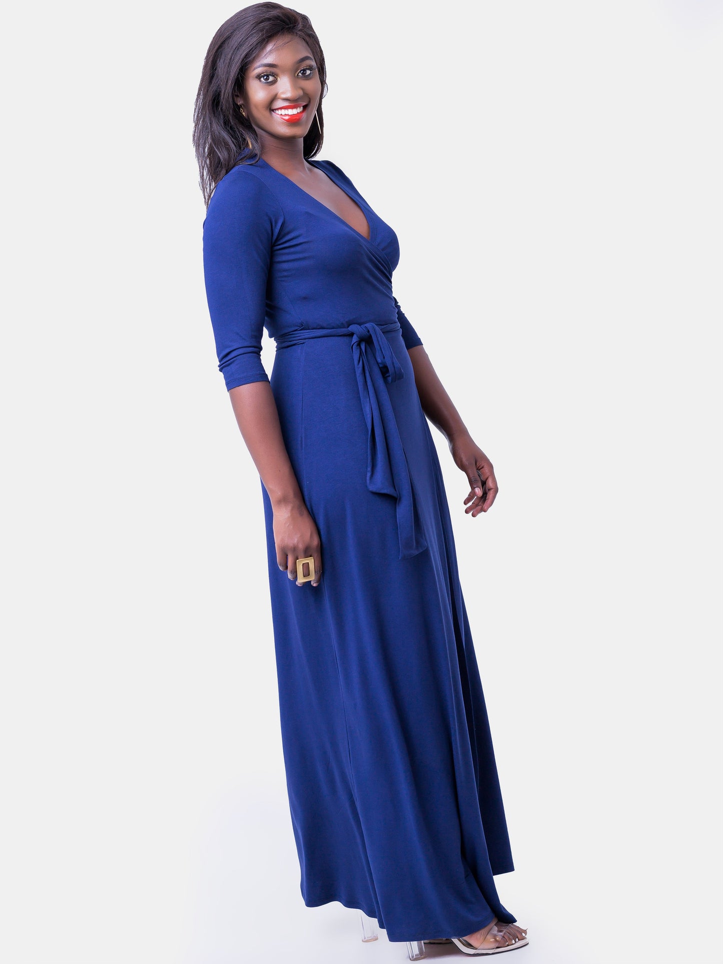 Vivo Basic 3/4 Sleeve A-Line Wrap Maxi Dress - Navy Blue