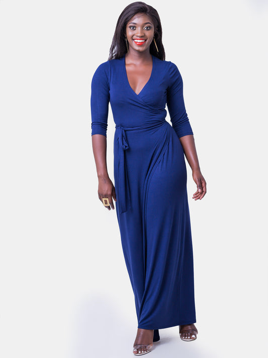 Vivo Basic 3/4 Sleeve A-Line Wrap Maxi Dress - Navy Blue