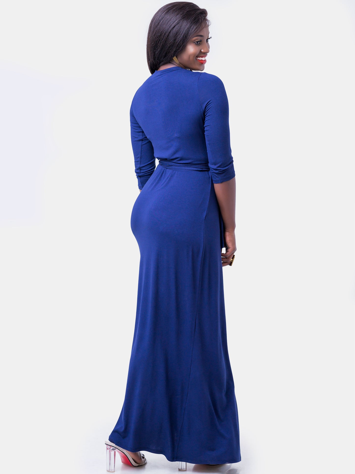 Vivo Basic 3/4 Sleeve A-Line Wrap Maxi Dress - Navy Blue