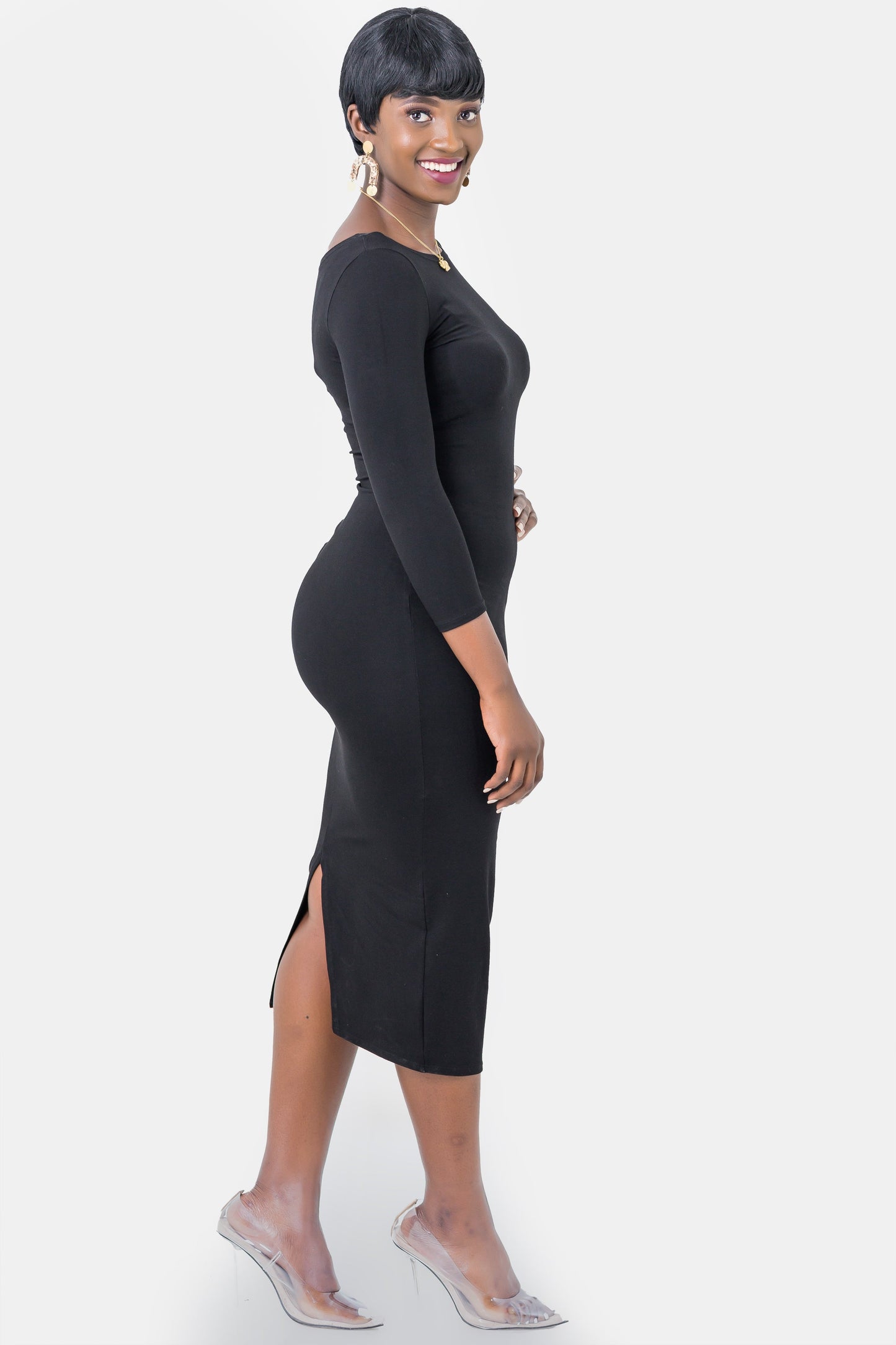 Vivo Basic 3/4 Sleeve Kim Bodycon Dress - Black