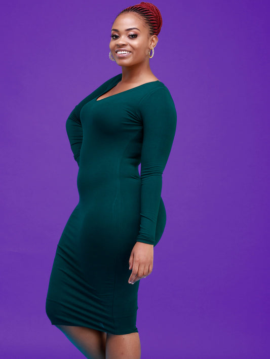 Vivo Basic Long Sleeved Double Layered Bodycon - Dark Green