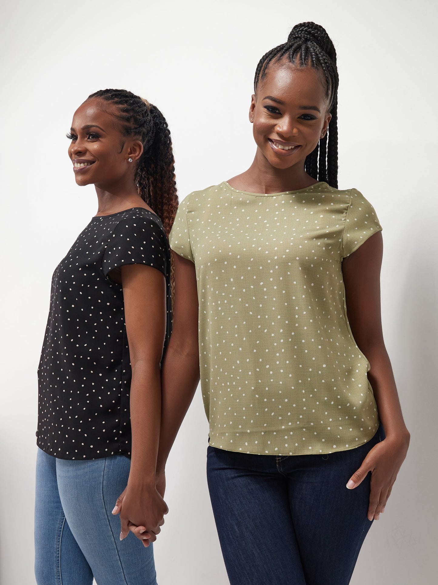 Vivo Basic Crepe Cap Sleeved Top - Green / White Polka Print