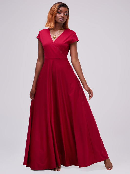 Vivo Zari Cap Sleeved Faux Wrap Maxi Dress - Maroon