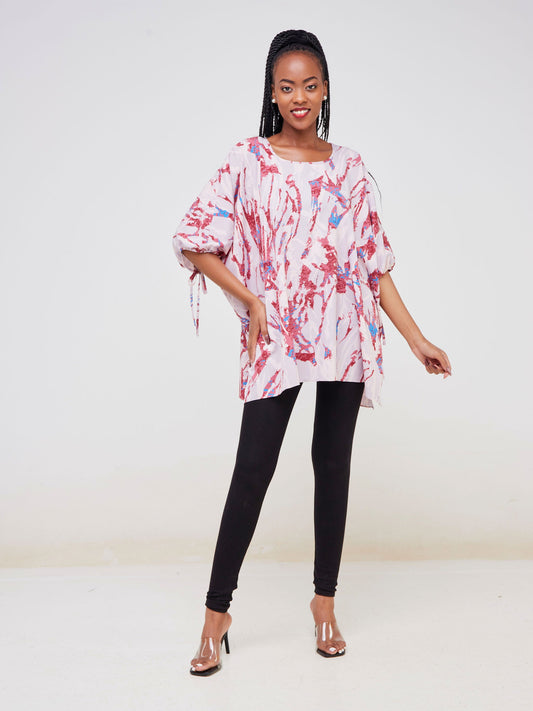 Vivo Dali Drop Shoulder Tie Top - Burgundy / Blue Abstract Print