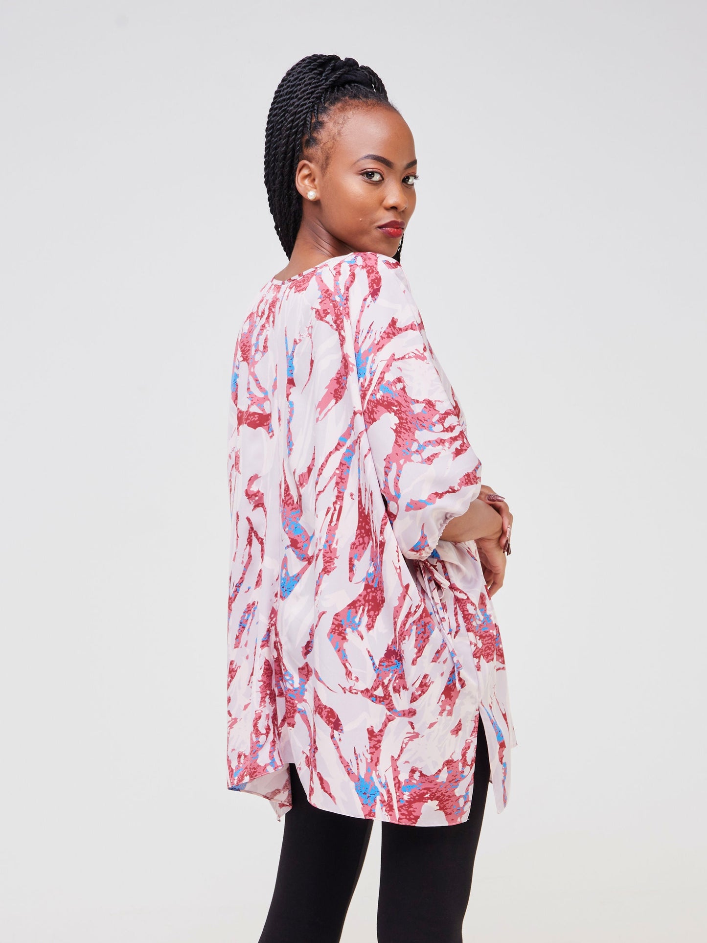 Vivo Dali Drop Shoulder Tie Top - Burgundy / Blue Abstract Print