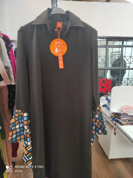 Vivo Jasiri Angel Flounce Sleeve Dress - Dark Brown / Teal Print