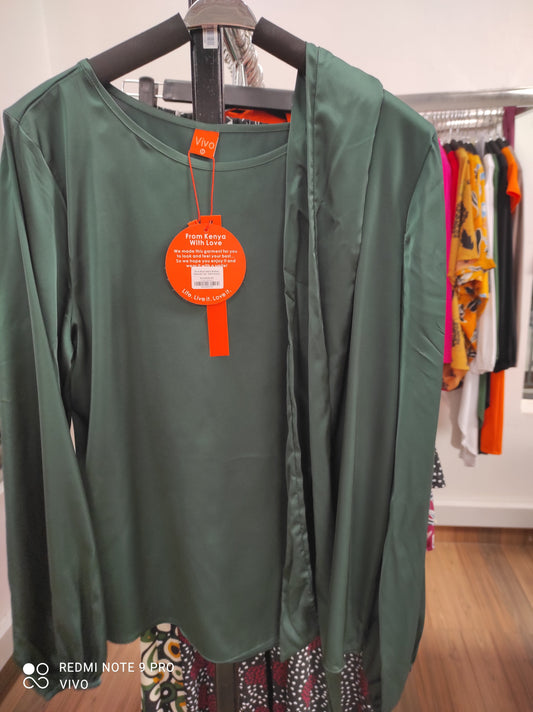 Vivo Basic Satin Bishop Sleeved Top - Dark Green