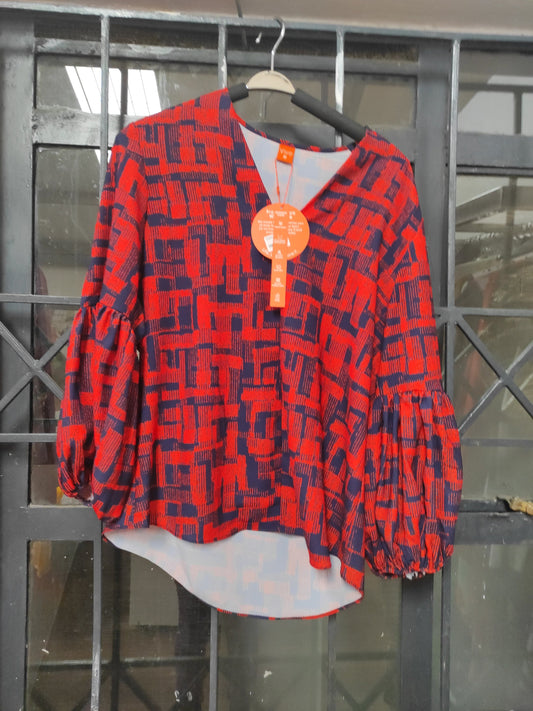 Vivo Zena Panel Long Sleeve V Neck Top - Orange Print