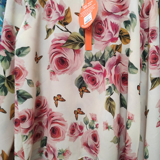 Vivo Sierra Bishop Sleeve Top - Pink / Green Butterfly Print