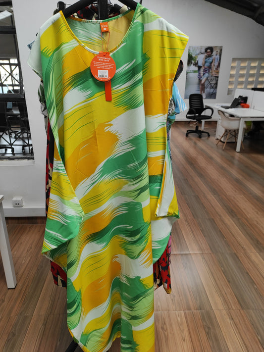 Vivo Tana Drop Shoulder Side Cowl Maxi Dress - Green / Yellow Abstract Print
