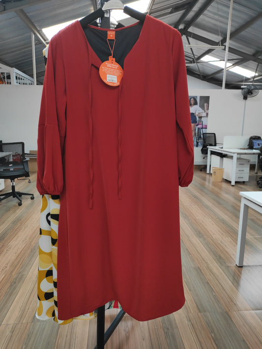 Vivo Imali Bishop Sleeve V-Neck Tie Shift Dress - Rust