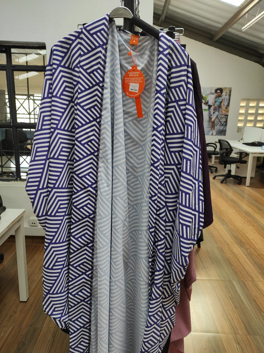 Vivo Mistari Gathered Sleeve Open Kaftan - White / Purple Geometric Print