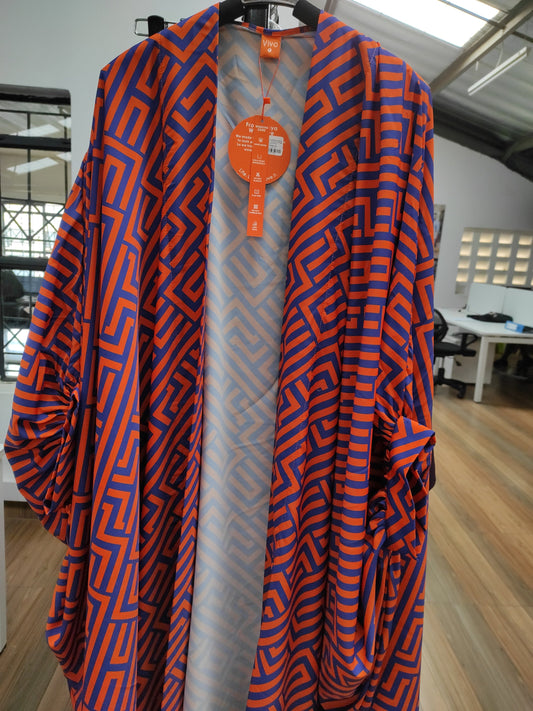 Vivo Mistari Gathered Sleeve Open Kaftan - Purple / Orange Geometric Print
