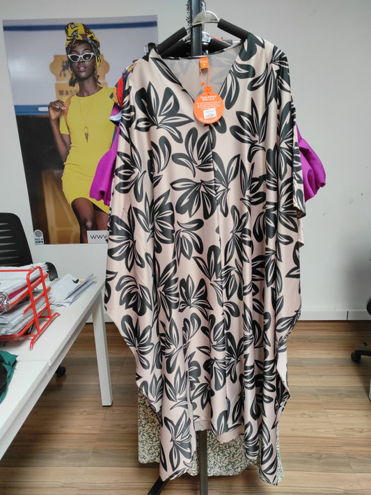 Vivo Jamila V-Neck Midi Kaftan - Taupe / Black Floral Print