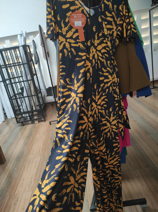 Vivo Ruwa Flounce Sleeve Jumpsuit - Navy Blue / Mustard Abstract