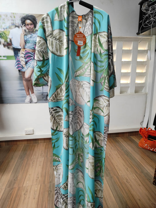 Vivo Basic Nandi High Slit Kimono - Blue / Green Leaf Print