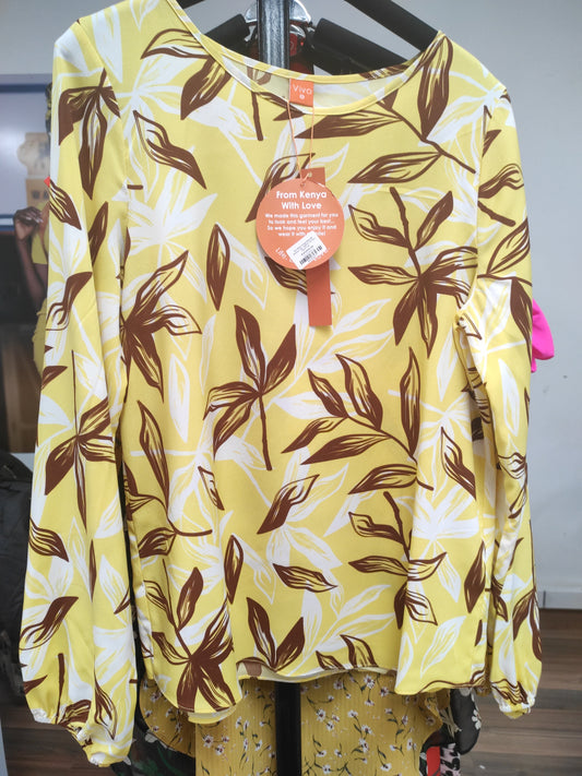 Vivo Basic Long Sleeved Bishop Top - Yellow / Brown Leaf Print